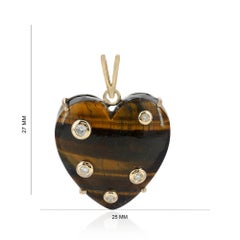 Solid 14k Yellow Gold Tiger Eye Heart Charm Natural Diamond Pendant Jewelry