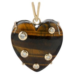 Solid 14k Yellow Gold Tiger Eye Heart Charm Natural Diamond Pendant Jewelry