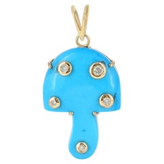 Solid 14k Yellow Gold Turquoise Gemstone Mushroom Pendant Natural Diamond Charm