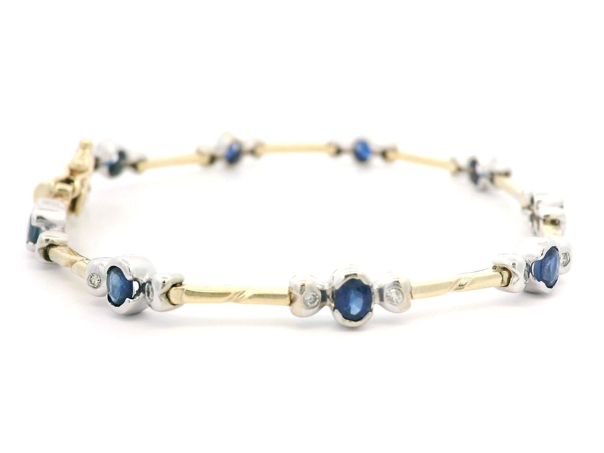 Taille ovale Bracelet à maillons en or jaune et blanc 14k massif 2.43ctw saphir diamant ligne en vente
