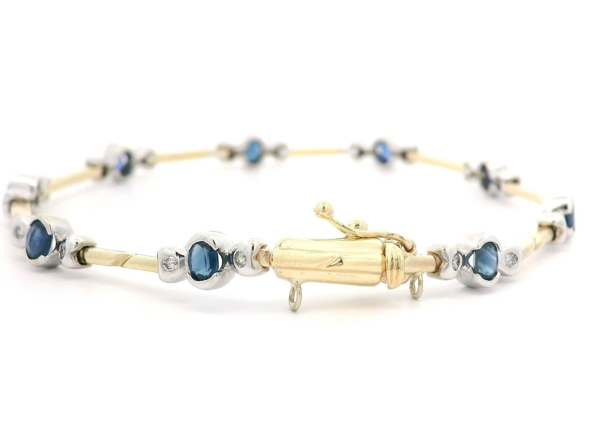 Bracelet à maillons en or jaune et blanc 14k massif 2.43ctw saphir diamant ligne Excellent état - En vente à Montclair, NJ