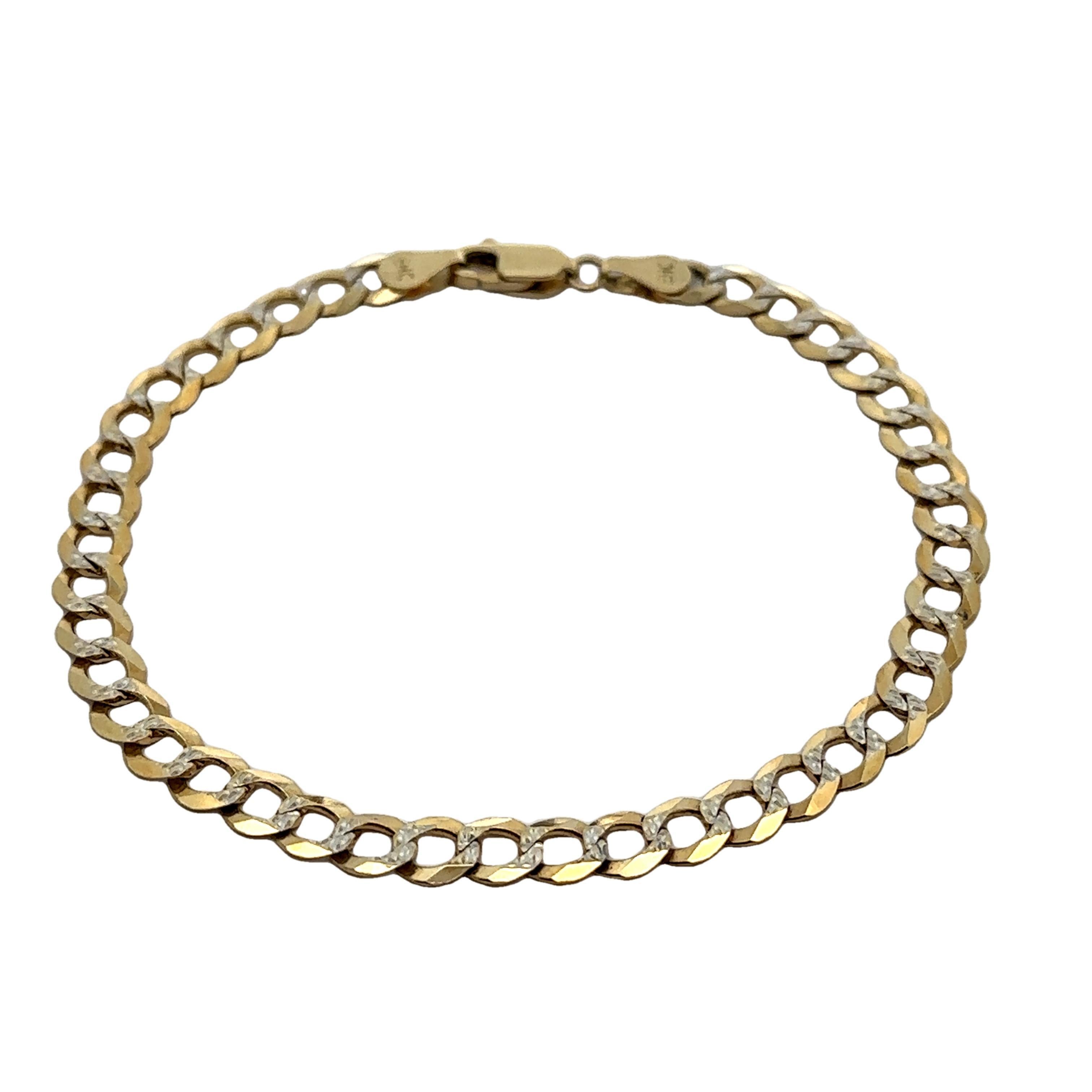 Bracelet en or jaune et blanc 14k massif avec chaîne cubaine classique à maillons courts, taillée en diamant en vente 7