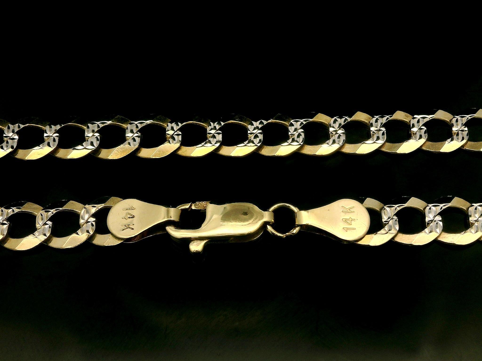 Bracelet en or jaune et blanc 14k massif avec chaîne cubaine classique à maillons courts, taillée en diamant Excellent état - En vente à Montclair, NJ