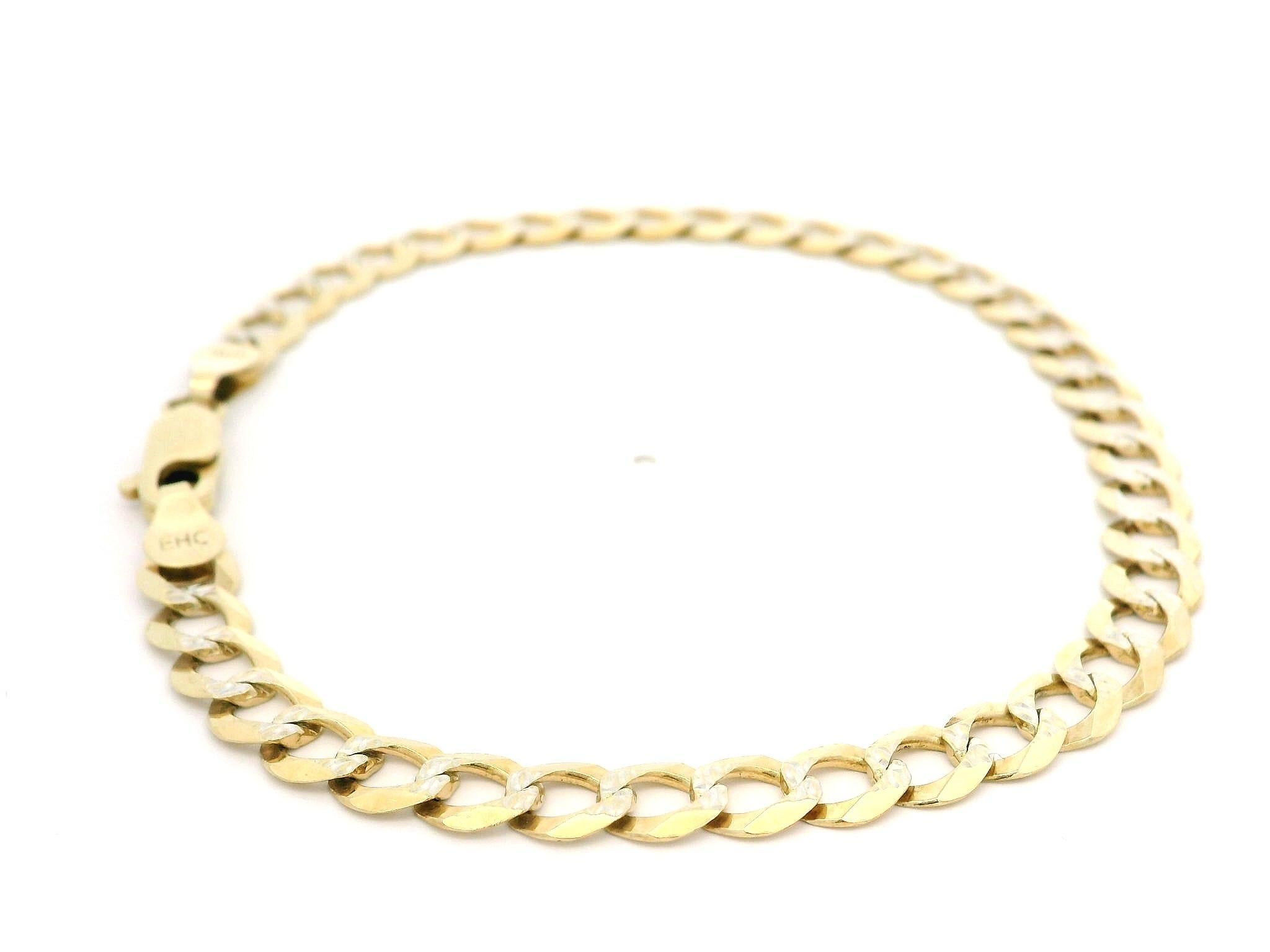 Bracelet en or jaune et blanc 14k massif avec chaîne cubaine classique à maillons courts, taillée en diamant en vente 4
