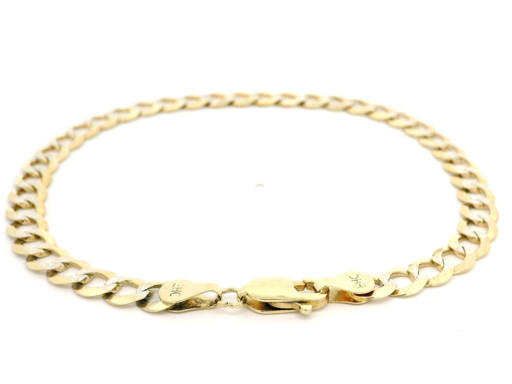 Bracelet en or jaune et blanc 14k massif avec chaîne cubaine classique à maillons courts, taillée en diamant en vente 5