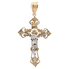 Pendentif croix crucifix ajourée en or jaune et blanc 14k massif