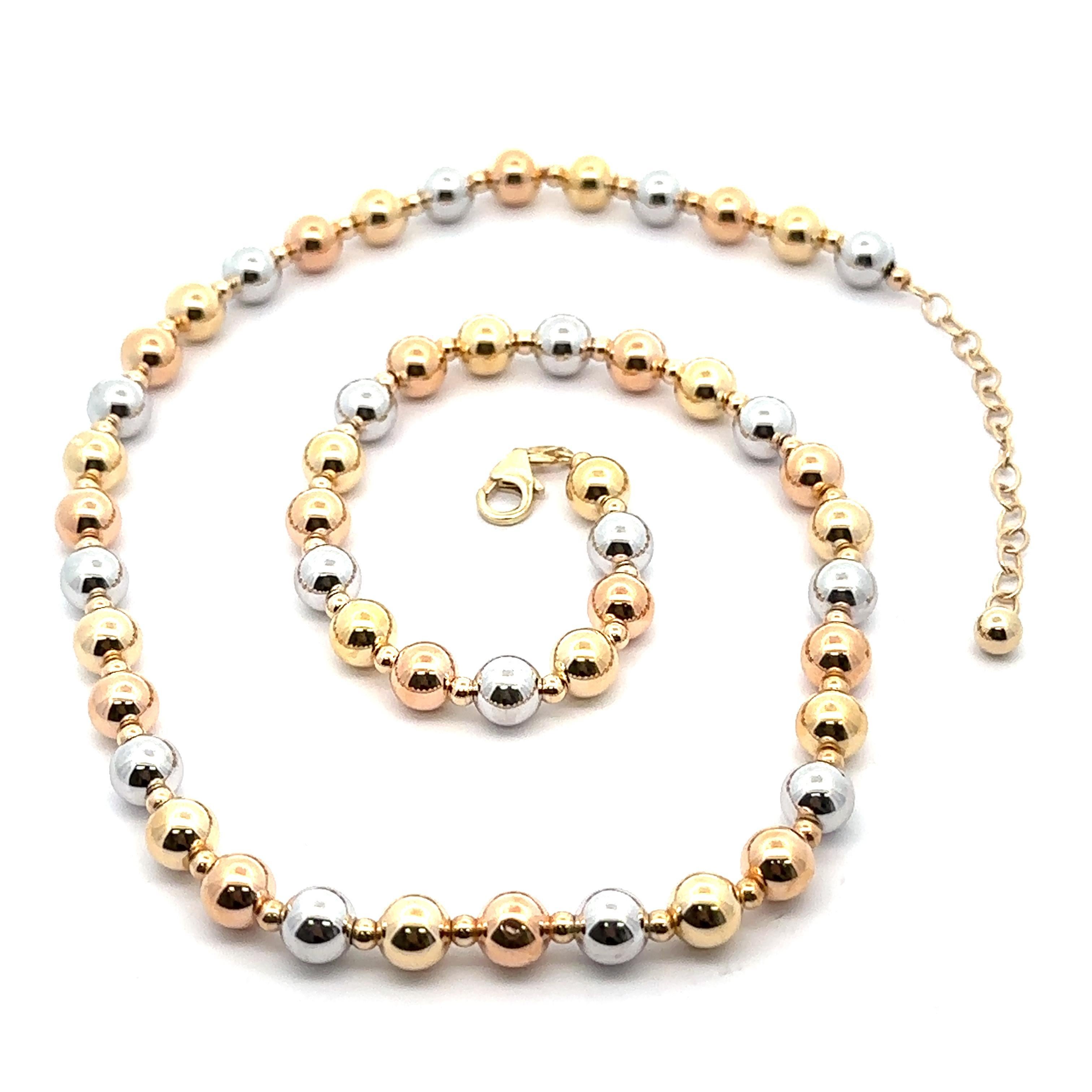 Material: Solid 14K Yellow, White & Rose Gold
Weight: 10.70Grams
Necklace Type: Round Ball Bead on Cable Link Chain
Necklace Length: Adjustable with Open Link Extensions. From 18 Inches to 21.5 Inches
Closure: Lobster Claw Clasp
Bead Thickness: