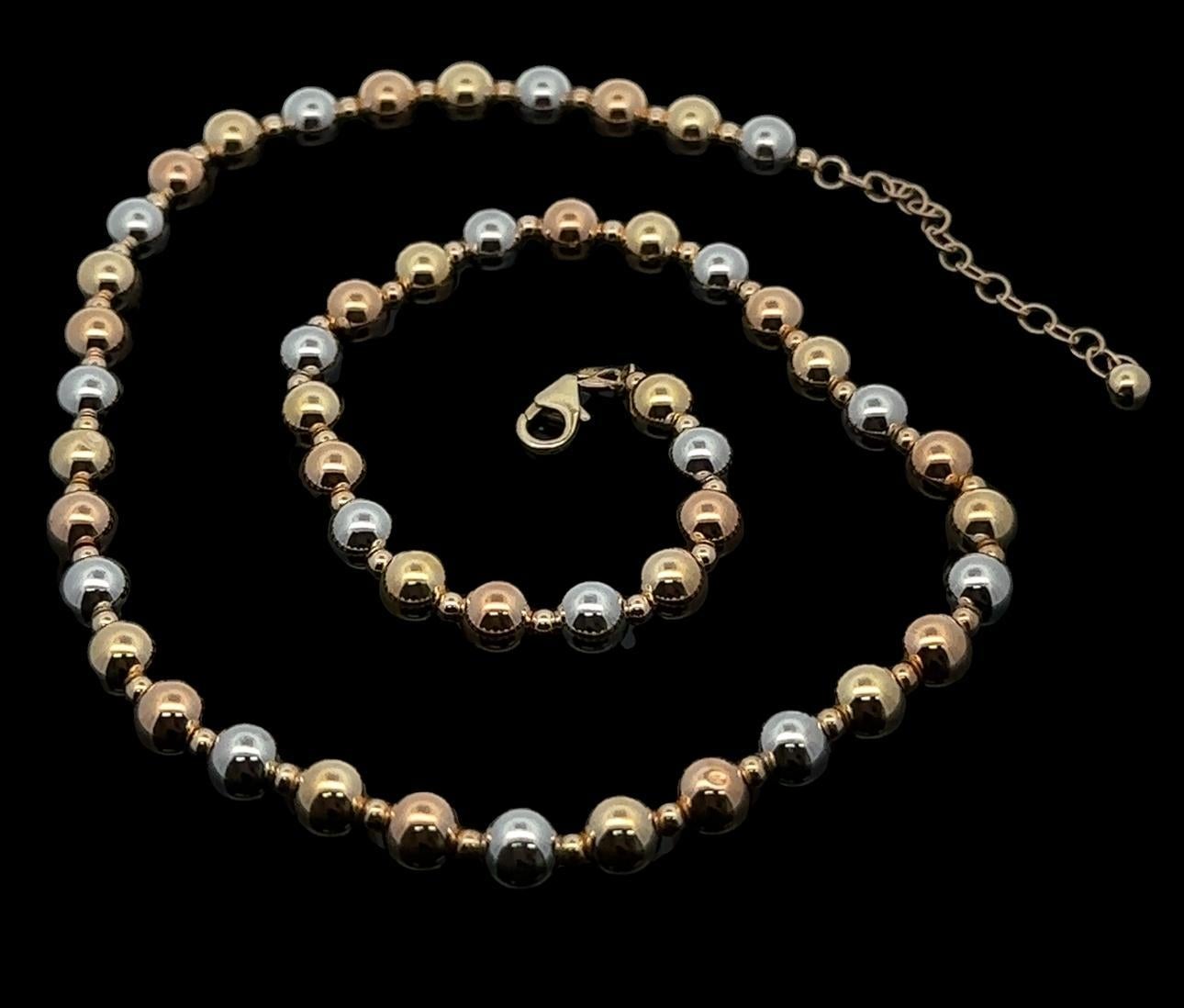 Solid 14k Yellow White & Rose Gold Polished Bead Ball Adjustable Chain Necklace In Good Condition For Sale In Montclair, NJ