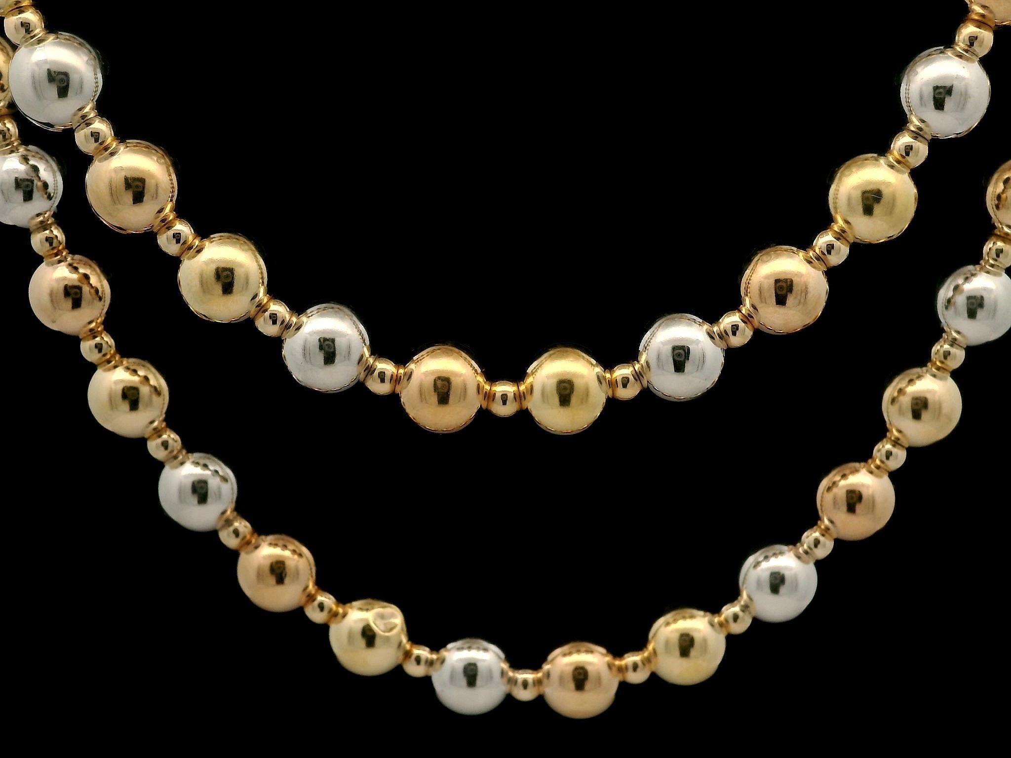 Women's Solid 14k Yellow White & Rose Gold Polished Bead Ball Adjustable Chain Necklace For Sale