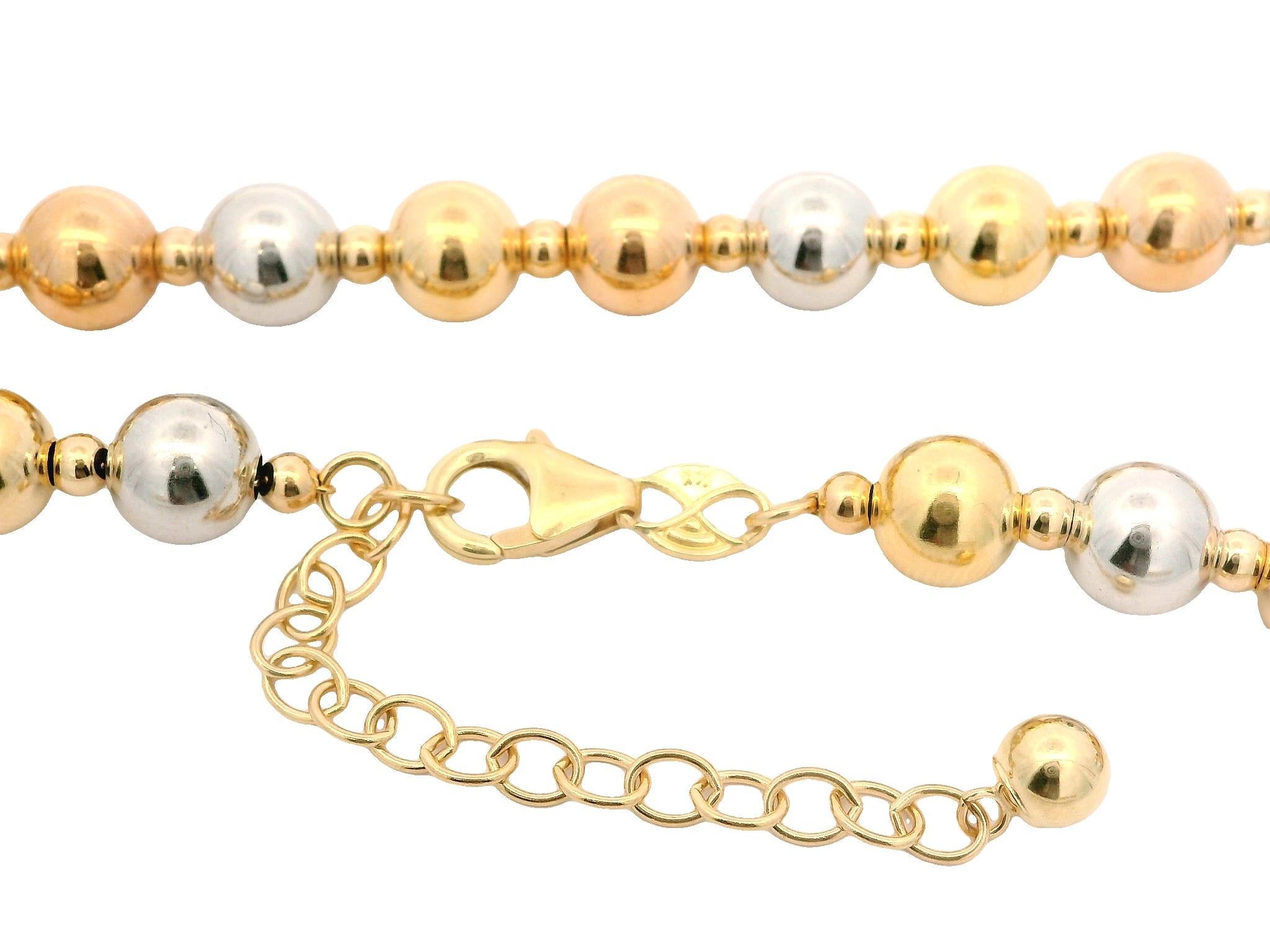 Solid 14k Yellow White & Rose Gold Polished Bead Ball Adjustable Chain Necklace For Sale 1