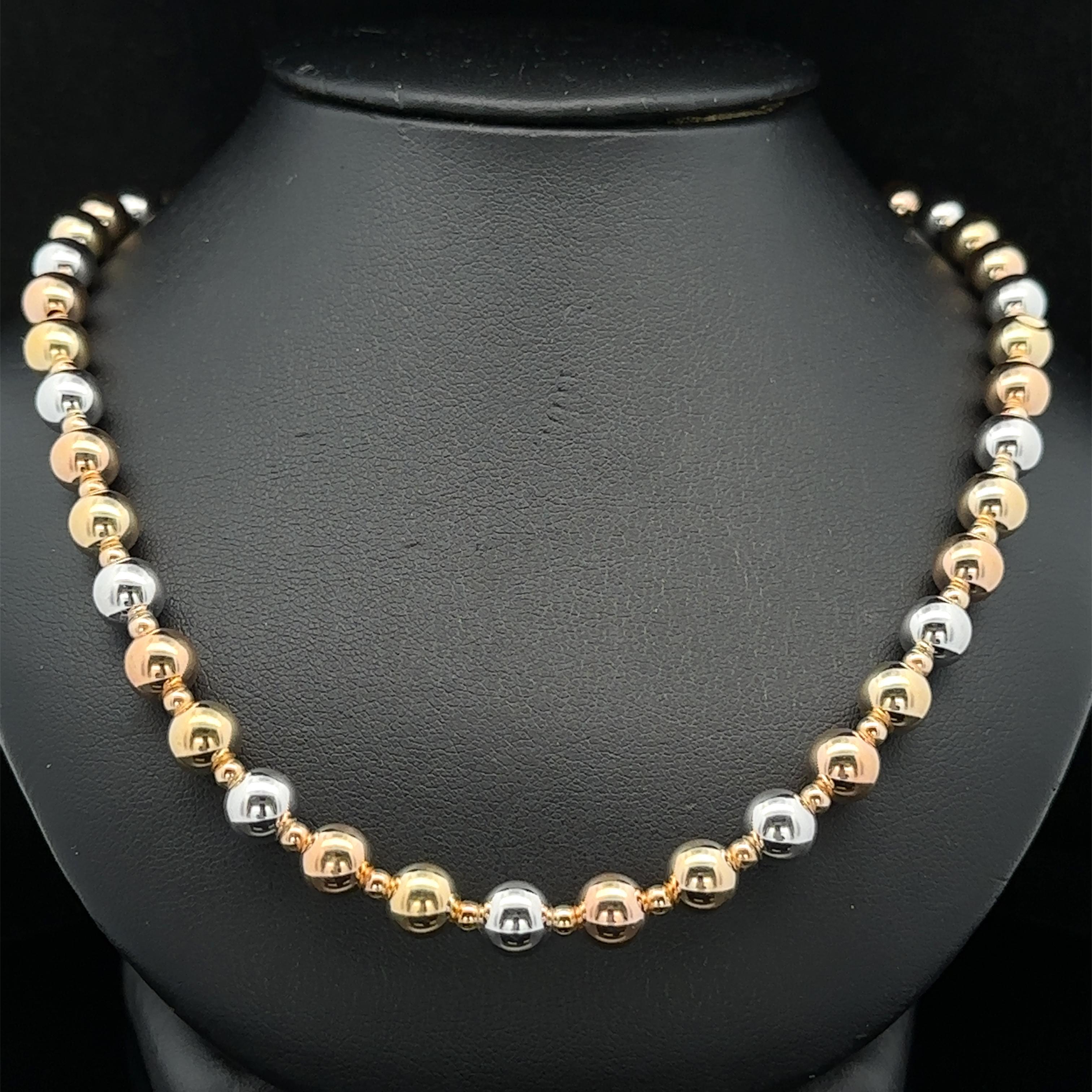 Solid 14k Yellow White & Rose Gold Polished Bead Ball Adjustable Chain Necklace For Sale 2