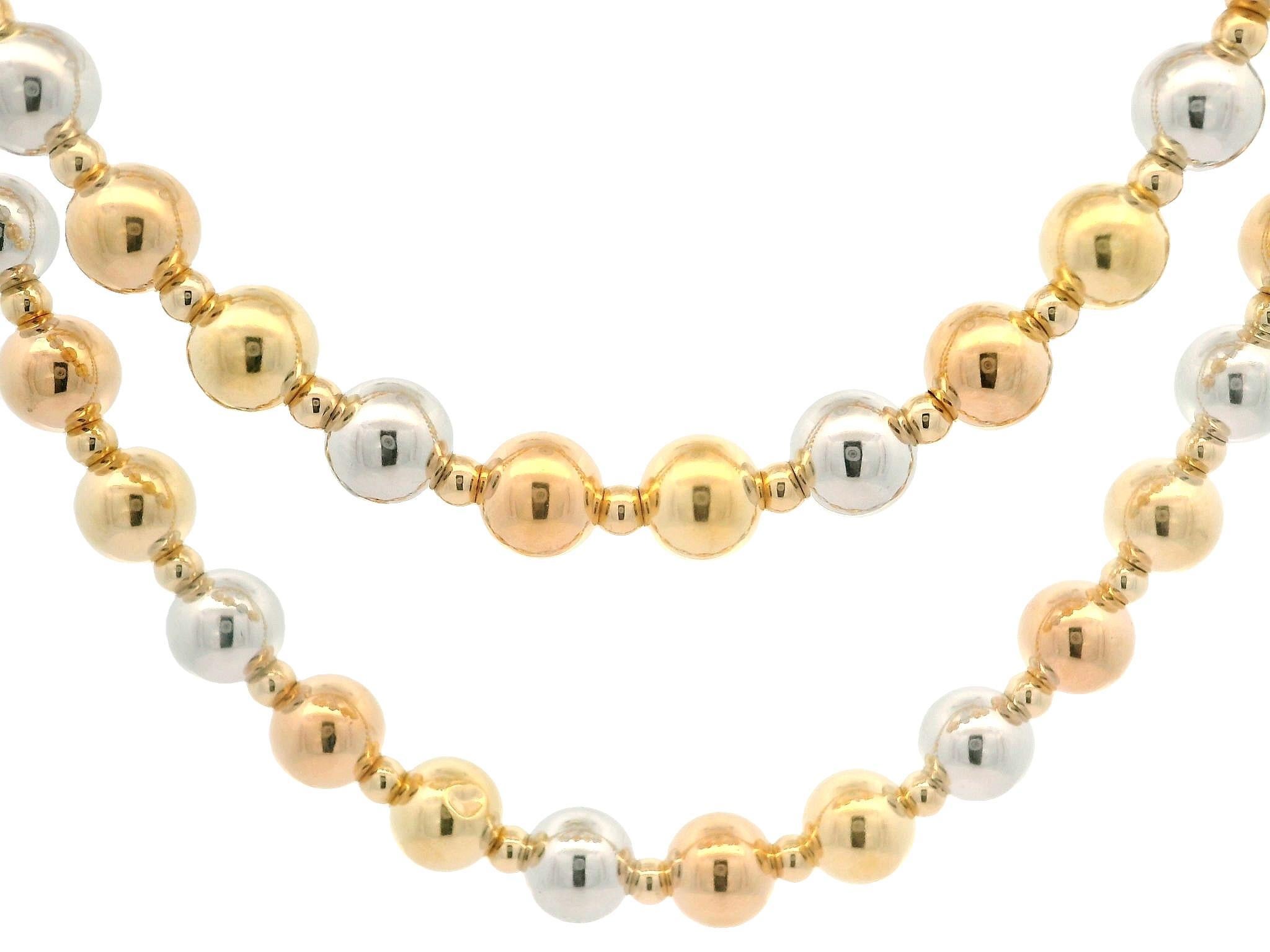 Solid 14k Yellow White & Rose Gold Polished Bead Ball Adjustable Chain Necklace For Sale 3
