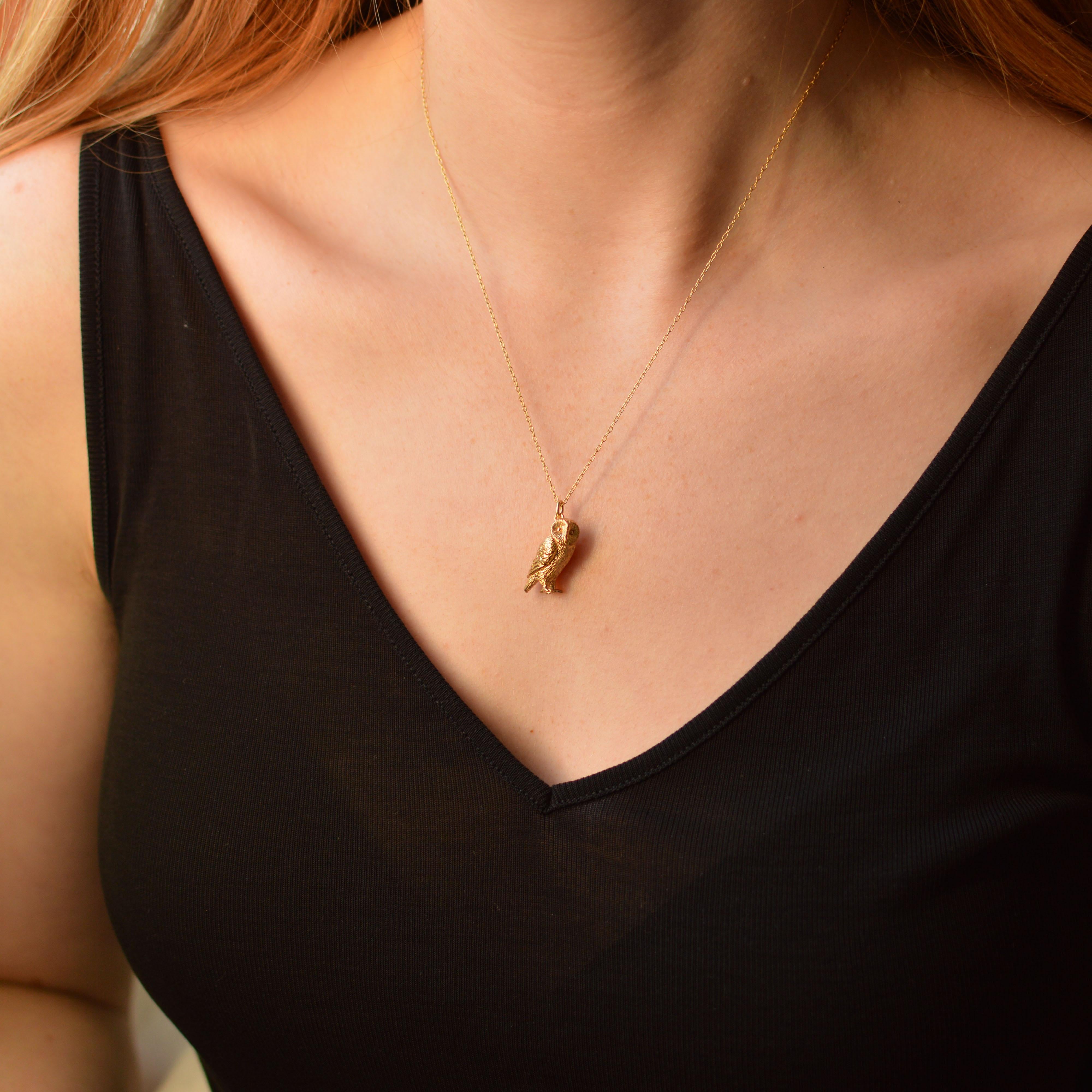 This wise barn owl pendant is cast in solid 18 Carat gold and finished by hand, and is created from Lucy's original hand-sculpted design. 

This owl pendant is made in London, United Kingdom using recycled or Fairtrade Gold. Metals are sourced from