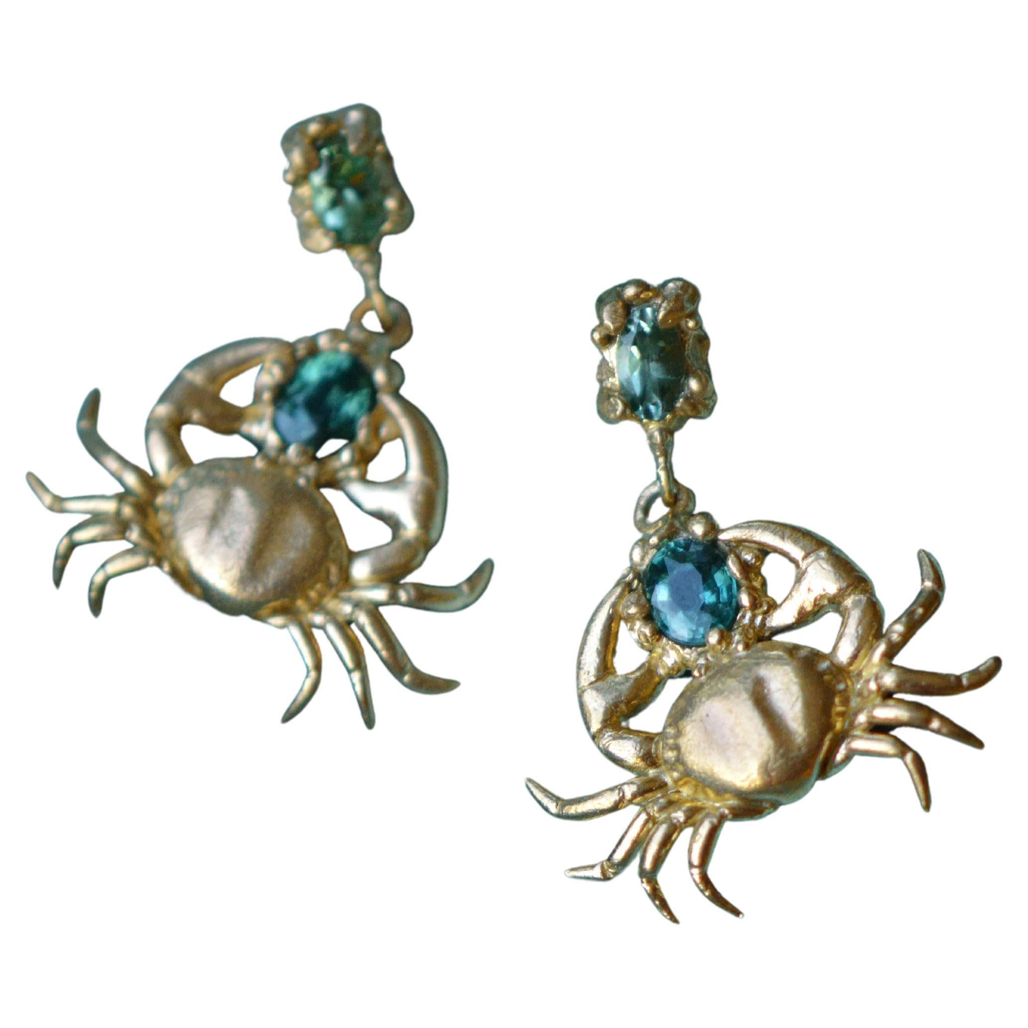 Solid 18 Carat Gold Crab and Tourmaline Earrings by Lucy StopesRoe For Sale at 1stDibs