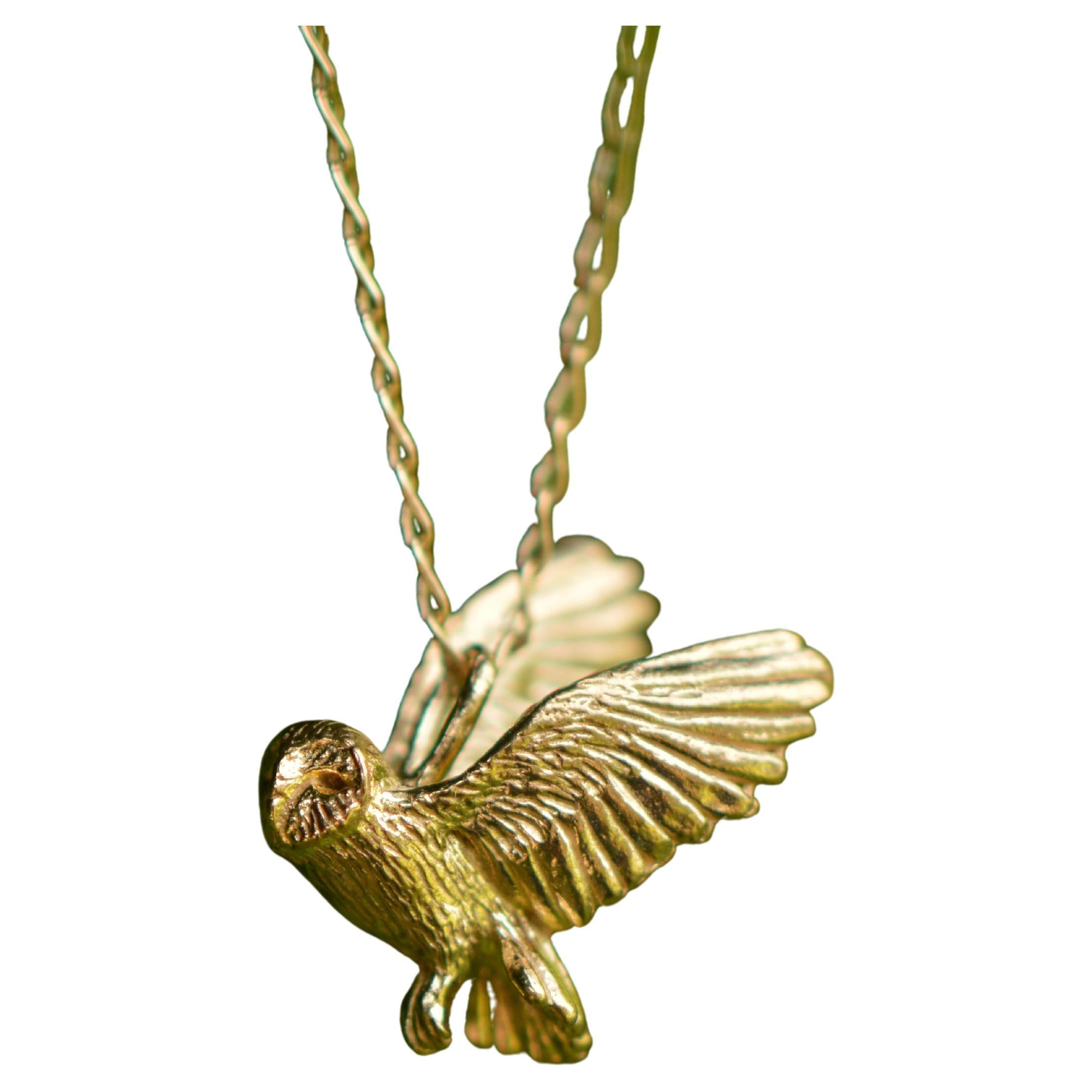 Solid 18 Carat Gold Flying Owl Pendant by Lucy Stopes-Roe For Sale