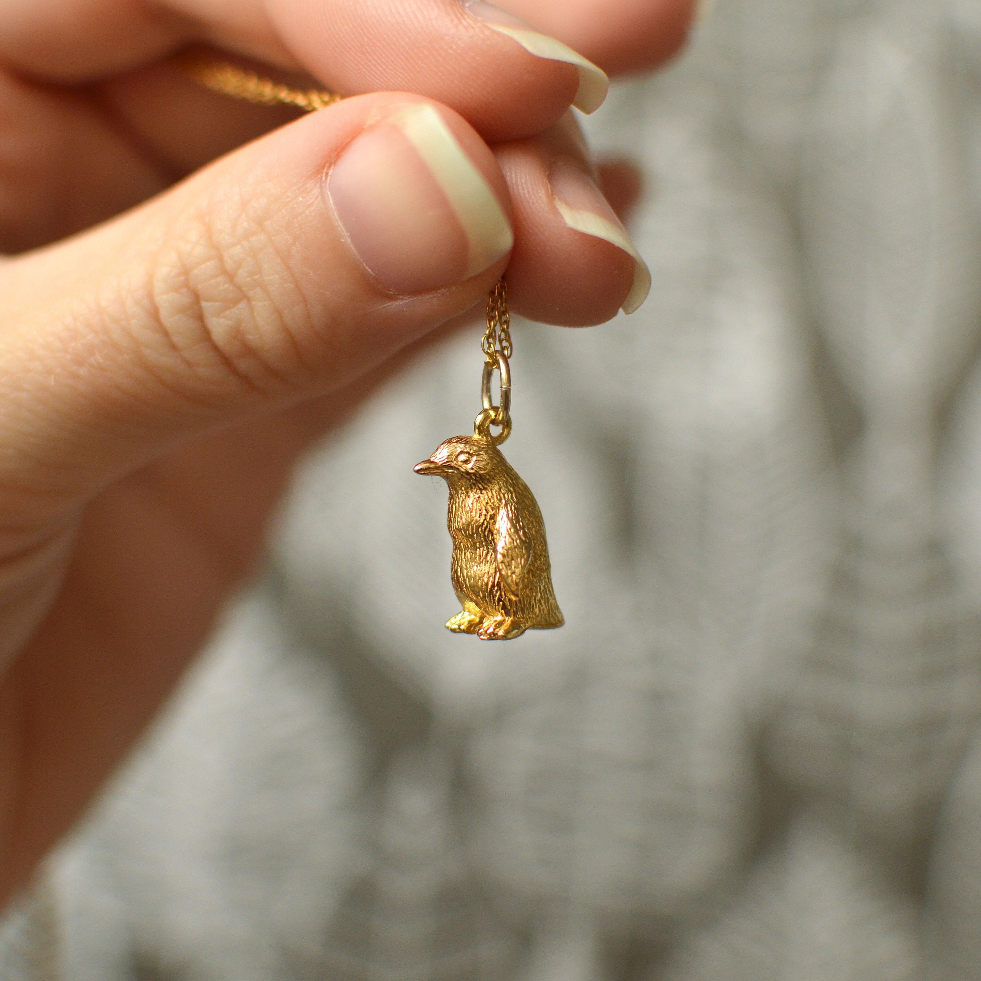 This penguin pendant is based on a gentoo penguin. It is cast in solid 18 Carat gold and finished by hand, and is created from Lucy's original hand-sculpted design. 

This penguin pendant is made in London, United Kingdom using recycled or Fairtrade