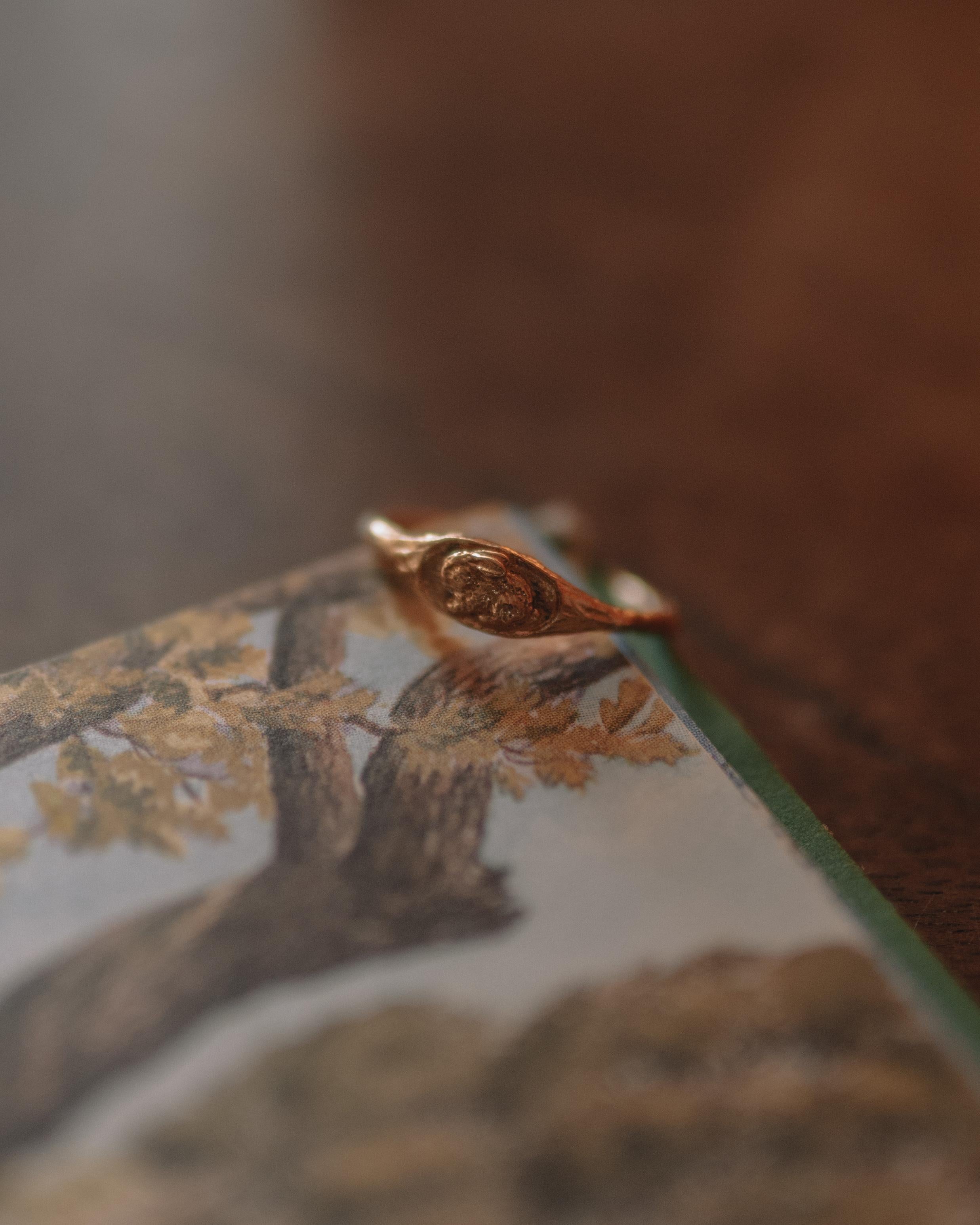 Cette délicate chevalière représente un minuscule lapin endormi et est dotée d'un anneau texturé en bois sculpté. Cette bague est coulée en or massif 18 carats et finie à la main. Elle a été créée à partir du dessin original de Lucy, sculpté à la
