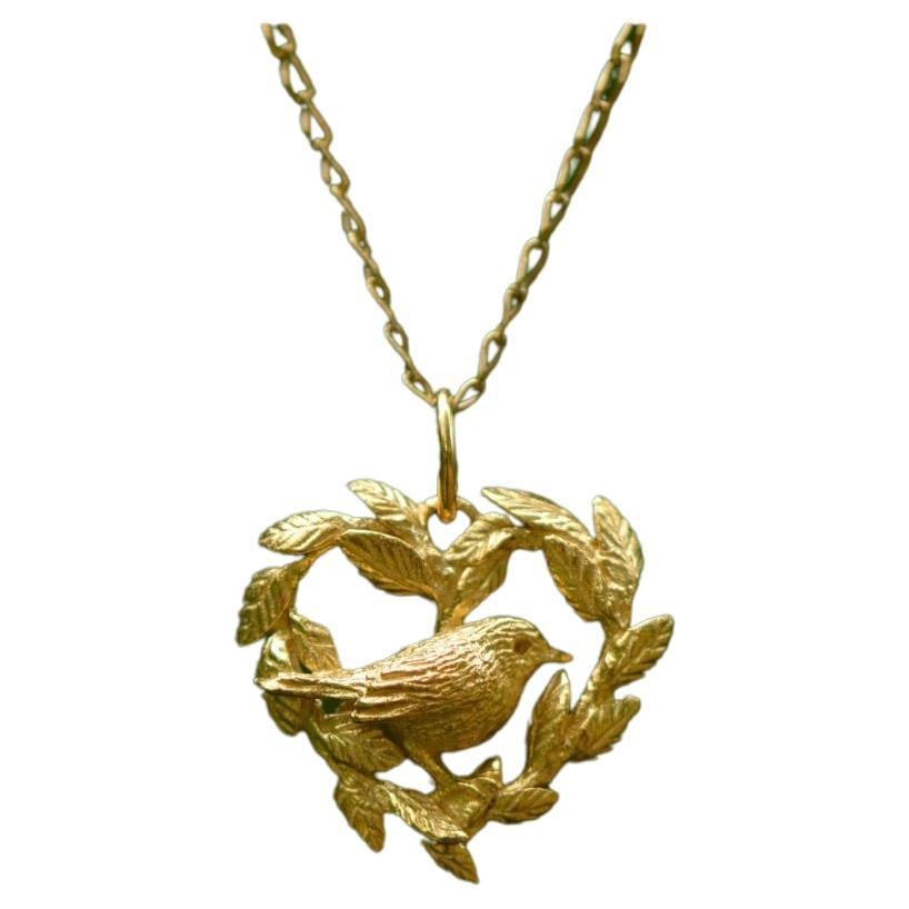 Solid 18 Carat Gold Robin Heart Pendant by Lucy Stopes-Roe For Sale