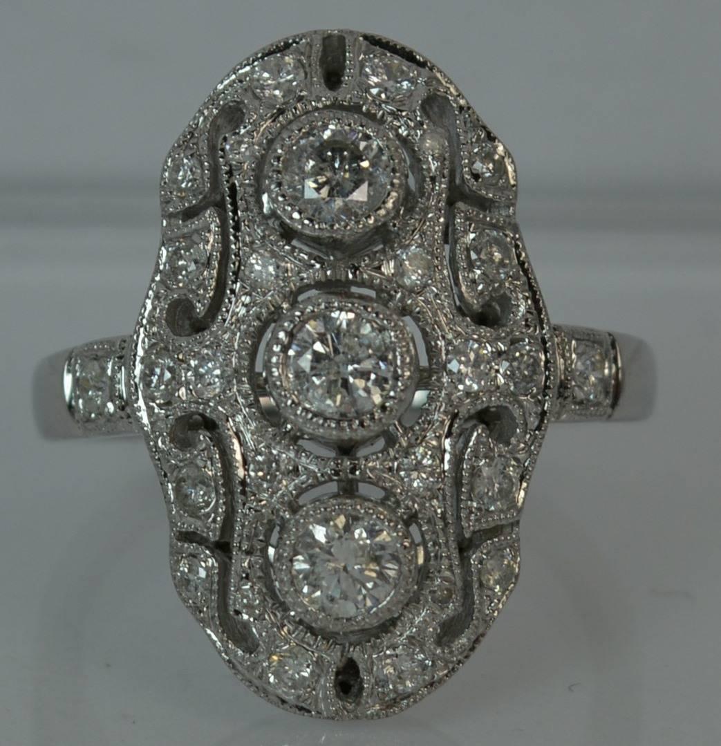 Solid 18 Carat White Gold and 0.95 Carat Diamond Panel Cluster Ring 7