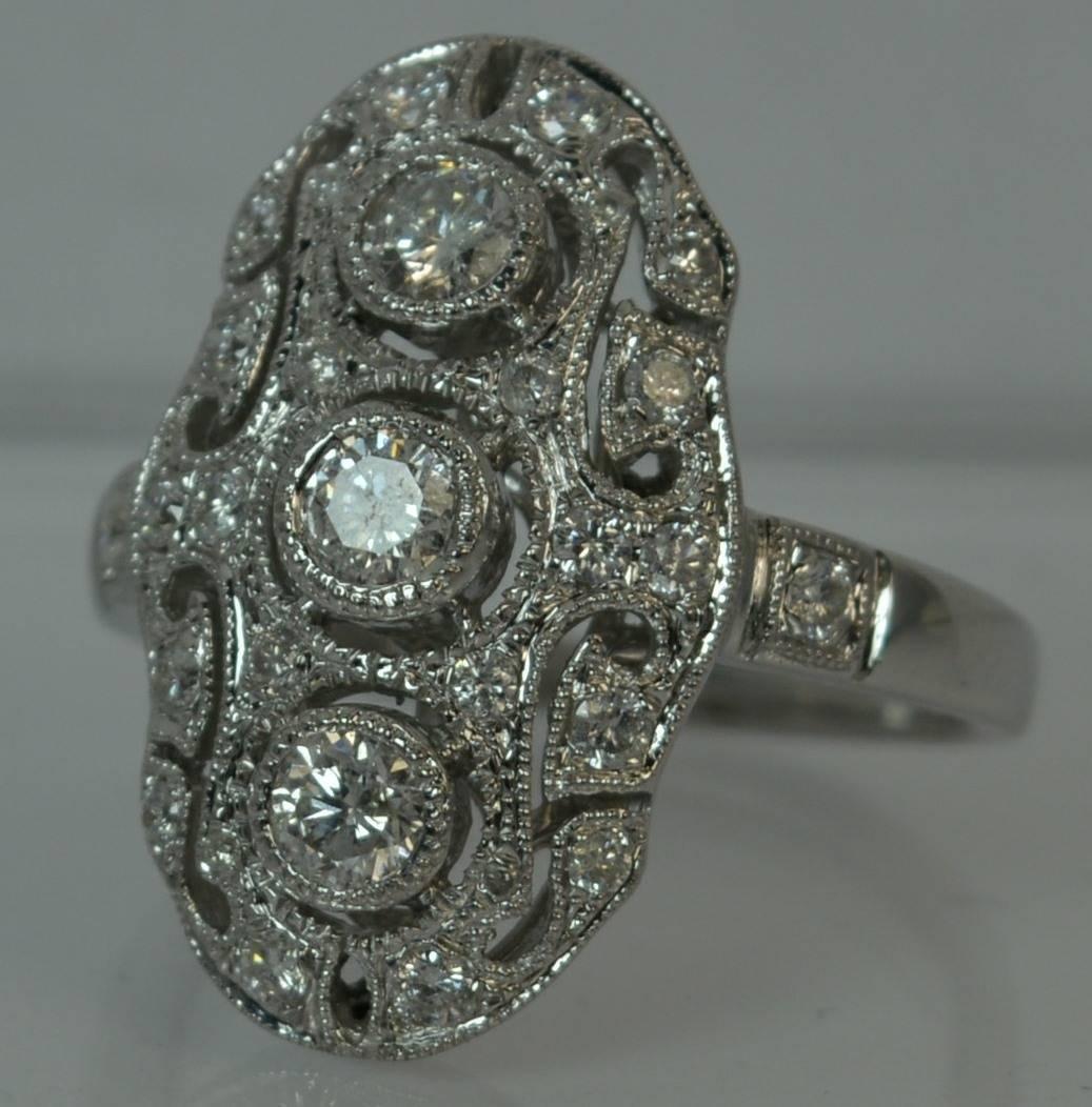 Solid 18 Carat White Gold and 0.95 Carat Diamond Panel Cluster Ring 8