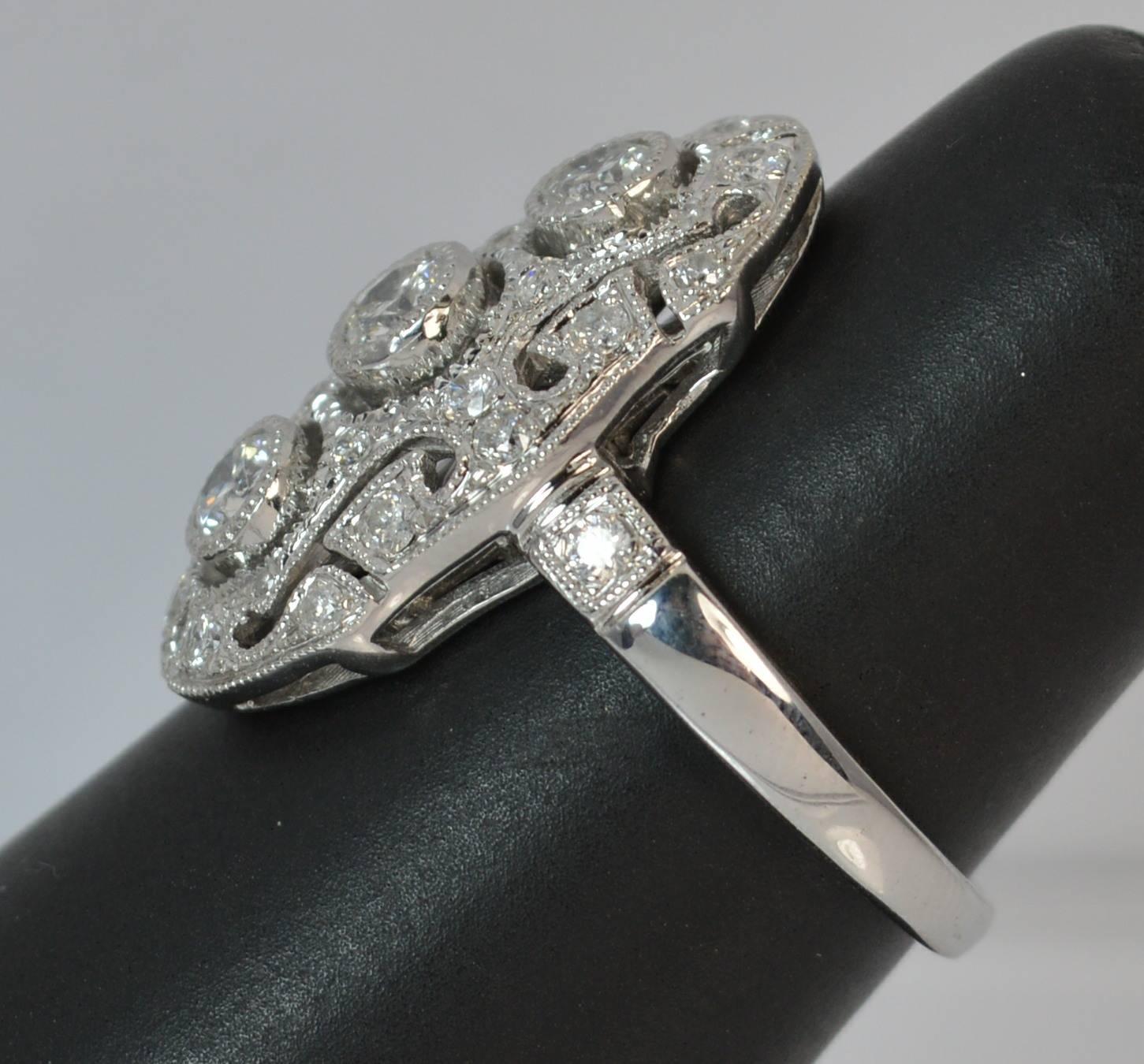 Solid 18 Carat White Gold and 0.95 Carat Diamond Panel Cluster Ring 9
