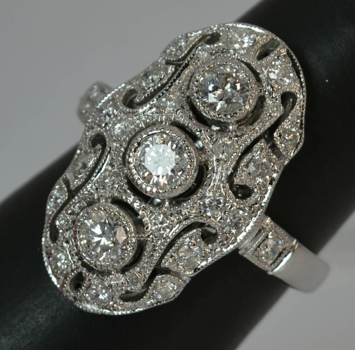 Solid 18 Carat White Gold and 0.95 Carat Diamond Panel Cluster Ring 10