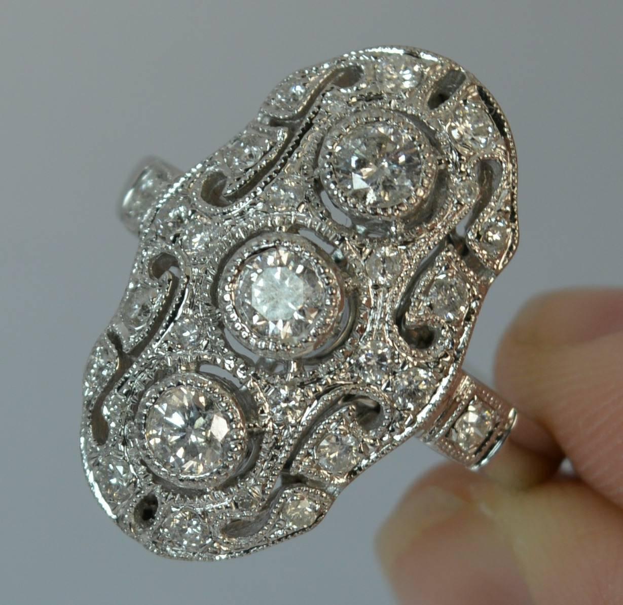 Women's Solid 18 Carat White Gold and 0.95 Carat Diamond Panel Cluster Ring