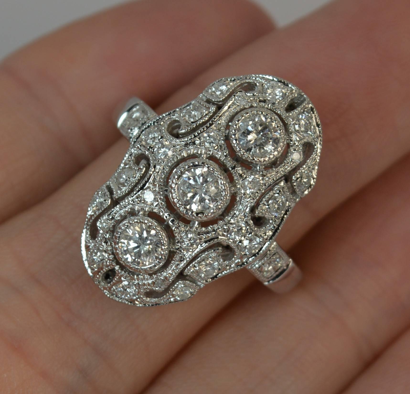 Solid 18 Carat White Gold and 0.95 Carat Diamond Panel Cluster Ring 1