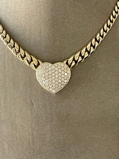 Solid 18 K yellow Gold Cuban link necklace with pave set Diamond heart pendant