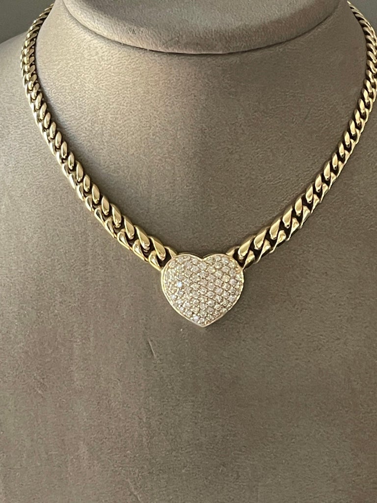 Solid 18 K yellow Gold Cuban link necklace with pave set Diamond heart  pendant For Sale at 1stDibs | rolex heart chain, rolex chain with heart  pendant, 18 karat gold cuban chain