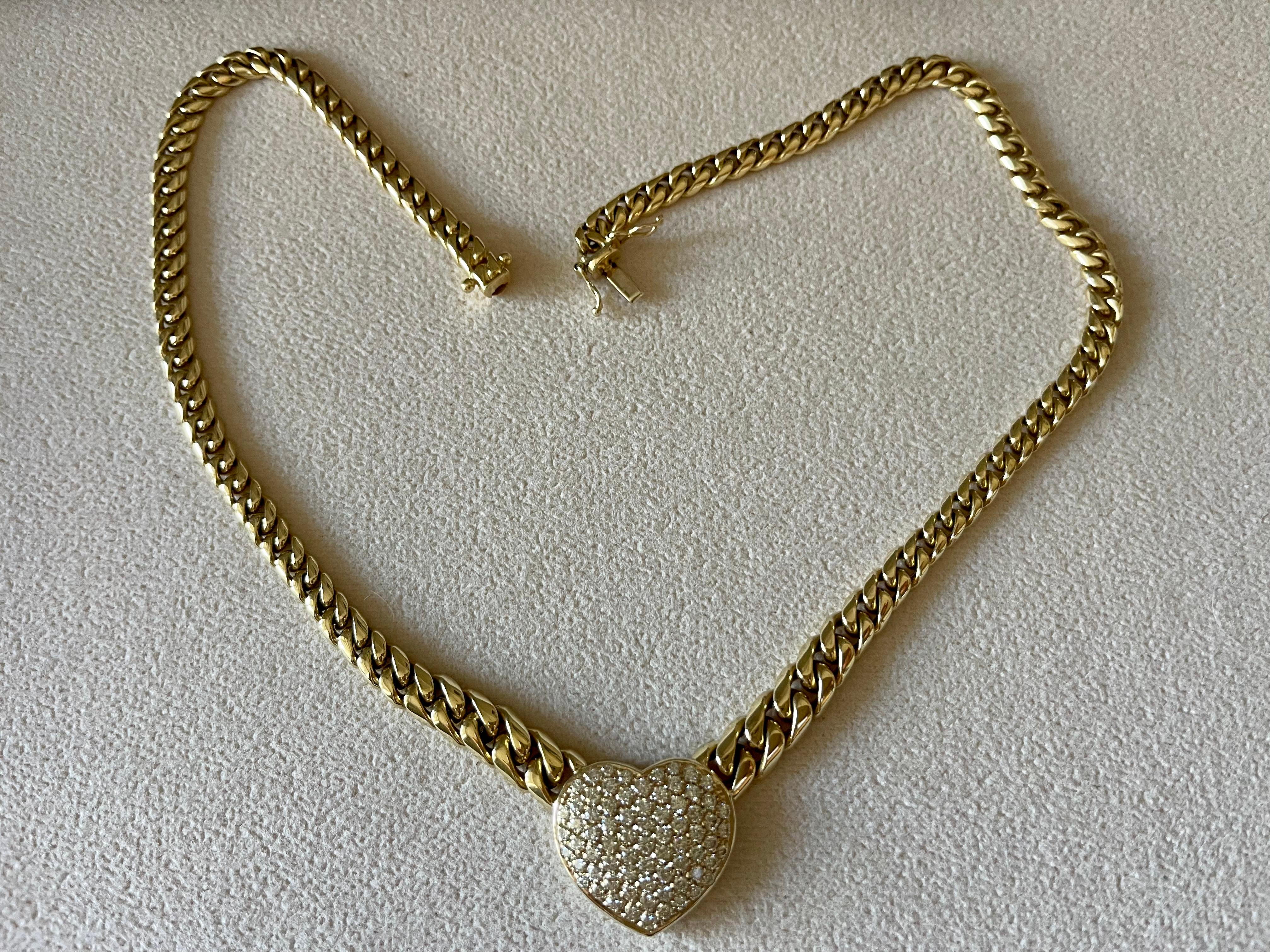 Women's Solid 18 K yellow Gold Cuban link necklace with pave set Diamond heart pendant For Sale