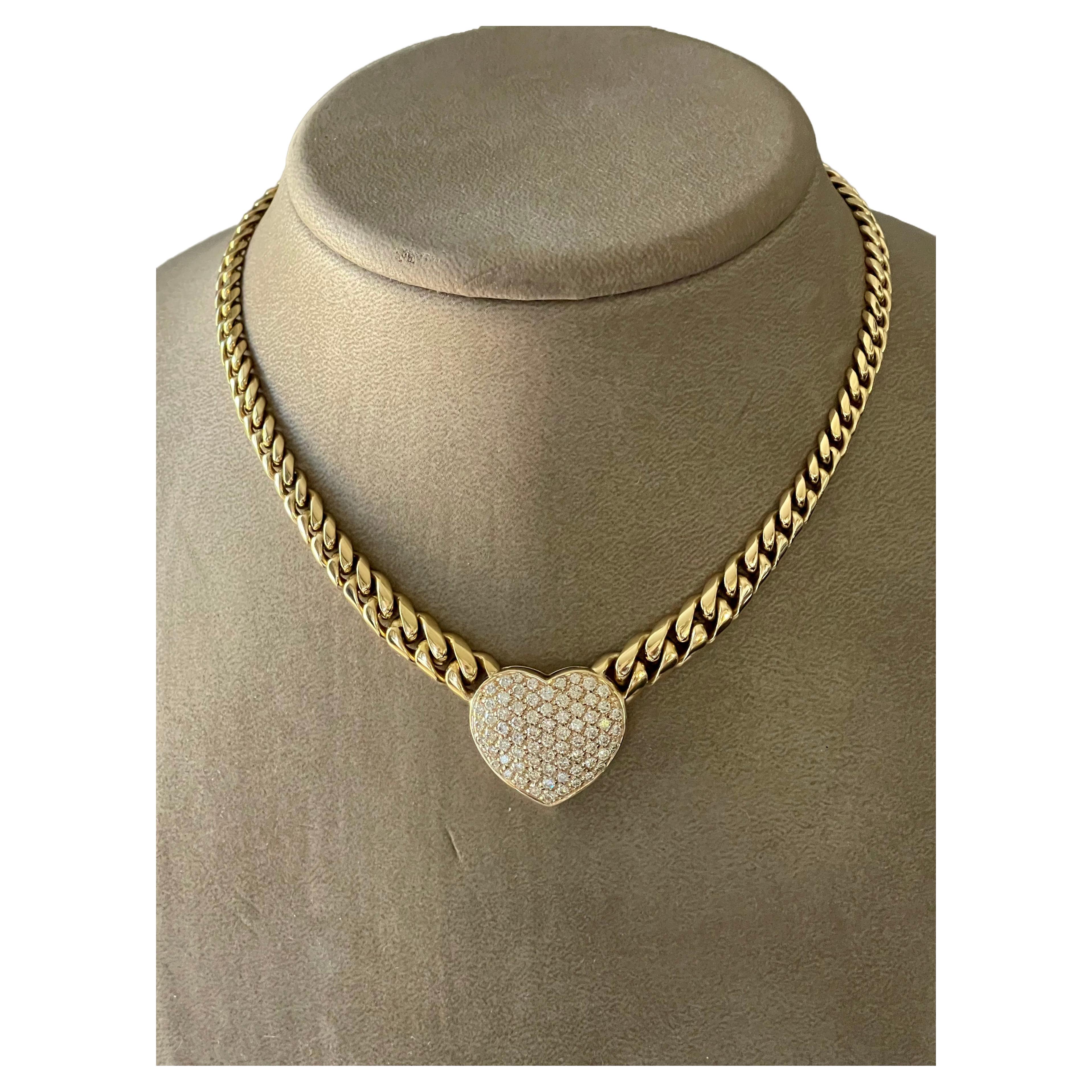 Solid 18 K yellow Gold Cuban link necklace with pave set Diamond heart pendant For Sale