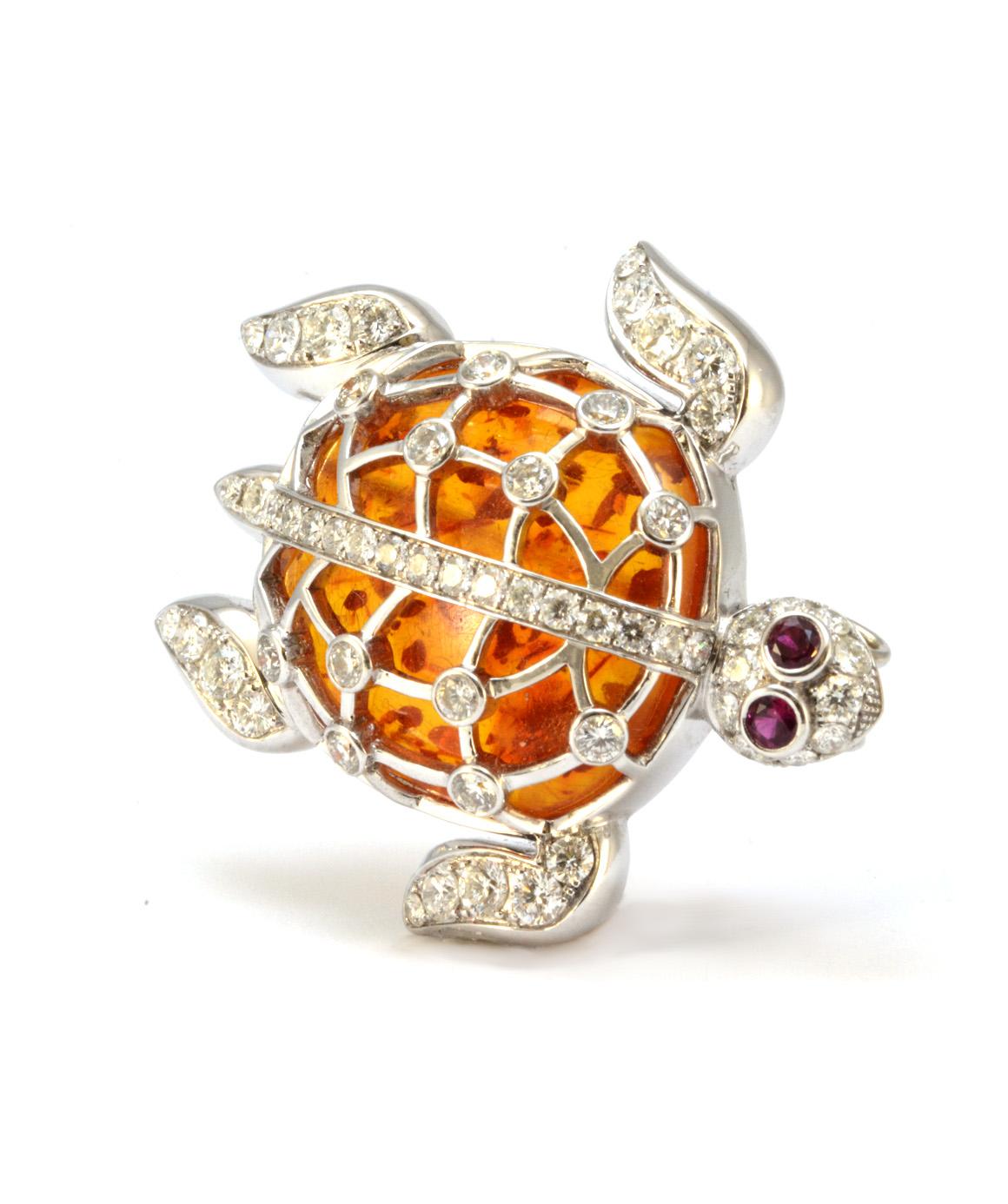 Women's or Men's Solid 18 Karat Gold Amber, Genuine Diamond and Natural Ruby Turtle Pendant/Pin