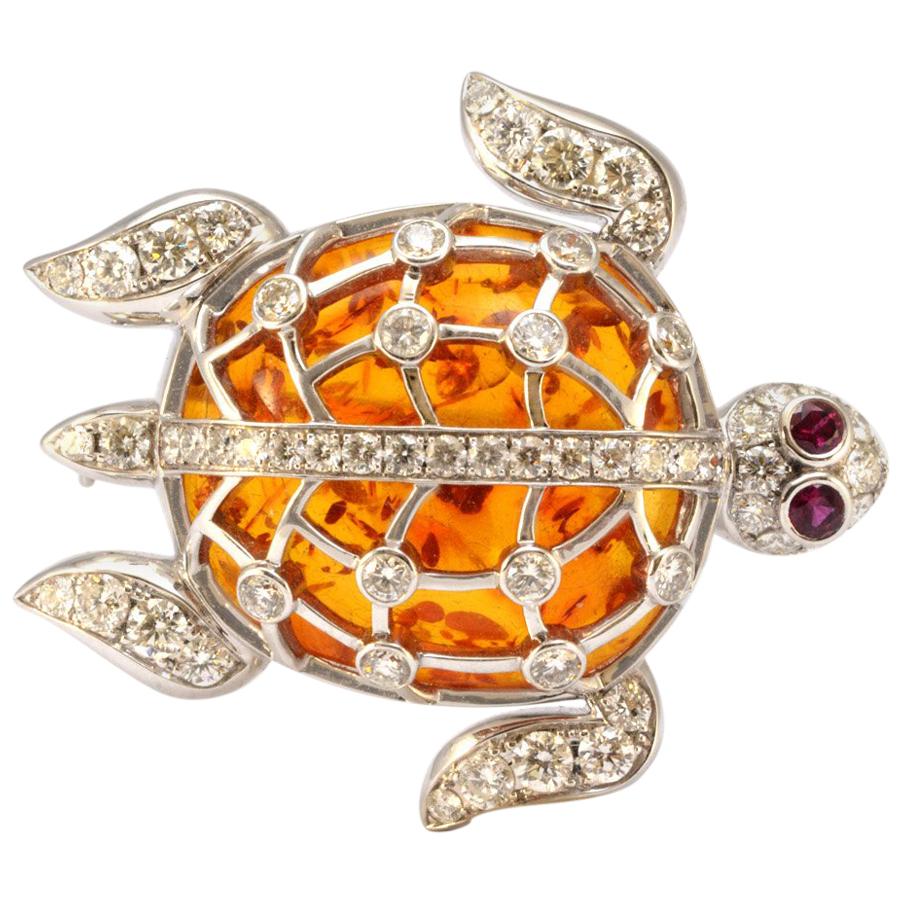 Solid 18 Karat Gold Amber, Genuine Diamond and Natural Ruby Turtle Pendant/Pin