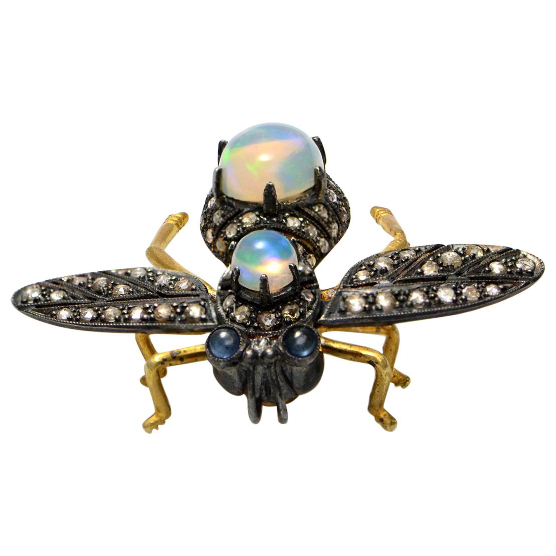 Solid 18 Karat Gold and 925 Diamond, Opal and Sapphire Bee Pin or Pendant 6.8g
