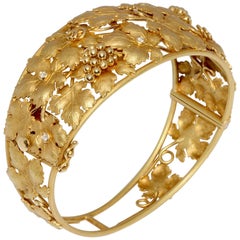 Solid 18 Karat Gold Bangle with Diamonds, Grapes and Vine Leaves Fruit Bracelet