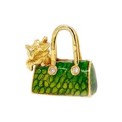 Solid 18 Karat Gold Diamond Green Enamel Purse with Dog Pendant by Hidalgo 10.1g