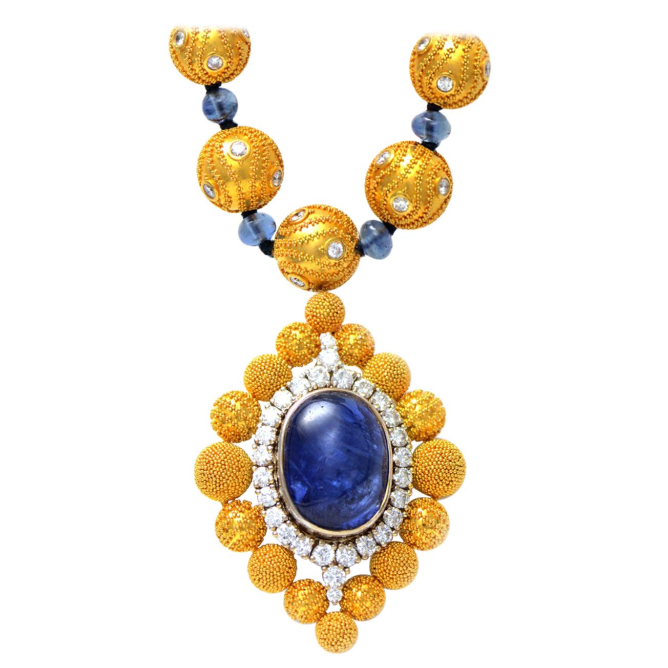 Solid 18 Karat Gold, Genuine Diamond and Sapphire Beaded Pendant Necklace!