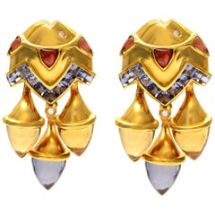 Solid 18 Karat Gold Genuine Diamond, Citrine, Tanzanite and Topaz Earrings 37.9g