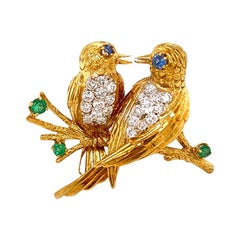 Solid 18 Karat Gold Genuine Diamond, Emerald and Sapphire Two Birds Brooch 10.1g