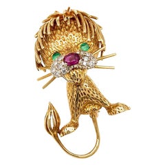 emerald cartoon Solid 18 Karat Gold Genuine Ruby, Emerald and Diamond Cartoon Lion Brooch 17.1g