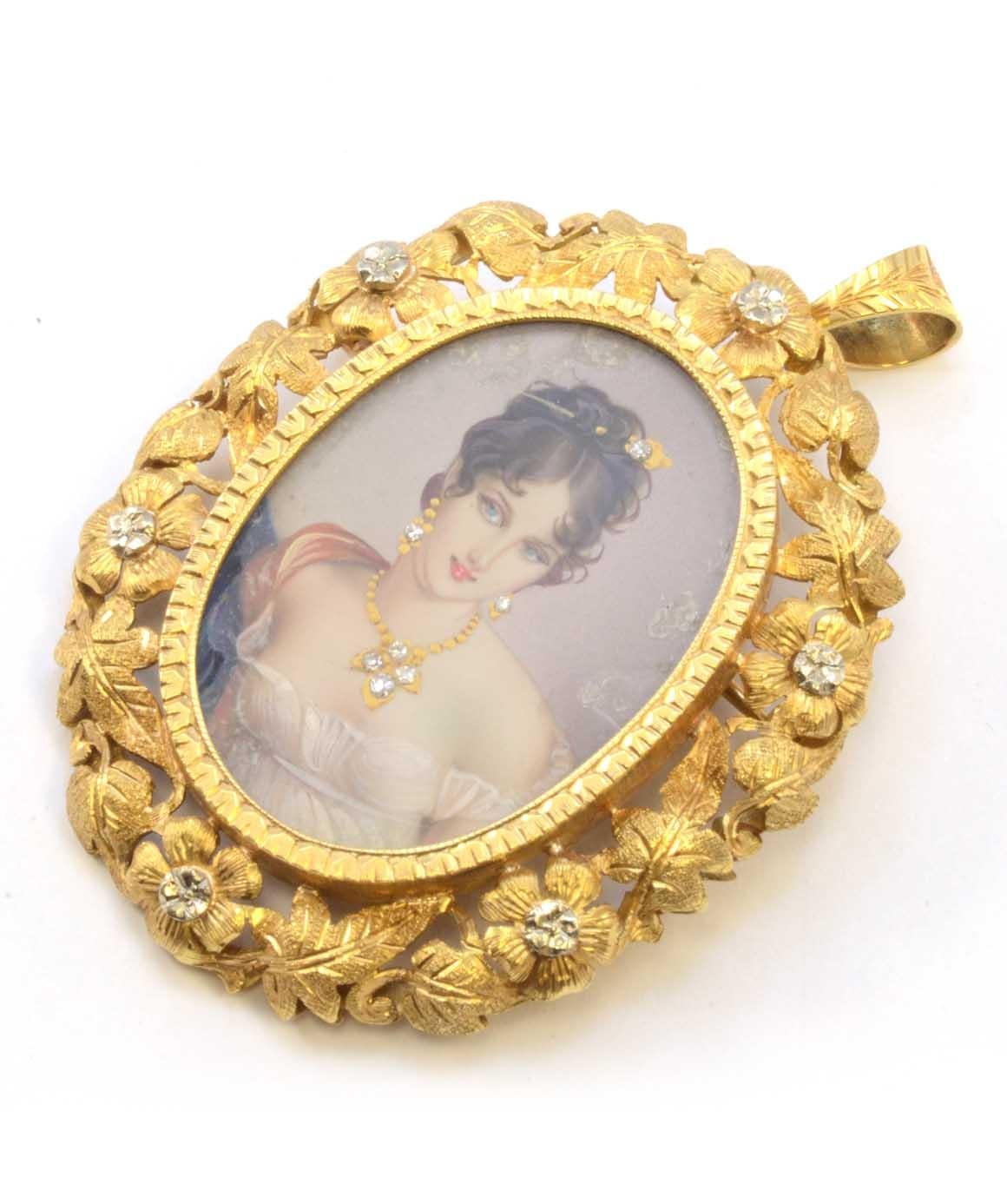 Solid 18K Yellow Gold Hand Painted Lady Portrait Brooch W/ Natural Diamonds 16g
This solid 18k yellow gold brooch/pendant features a 