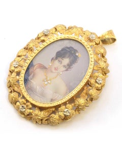 Solid 18 Karat Gold Hand-Painted Lady Portrait Brooch with Natural Diamonds 16g