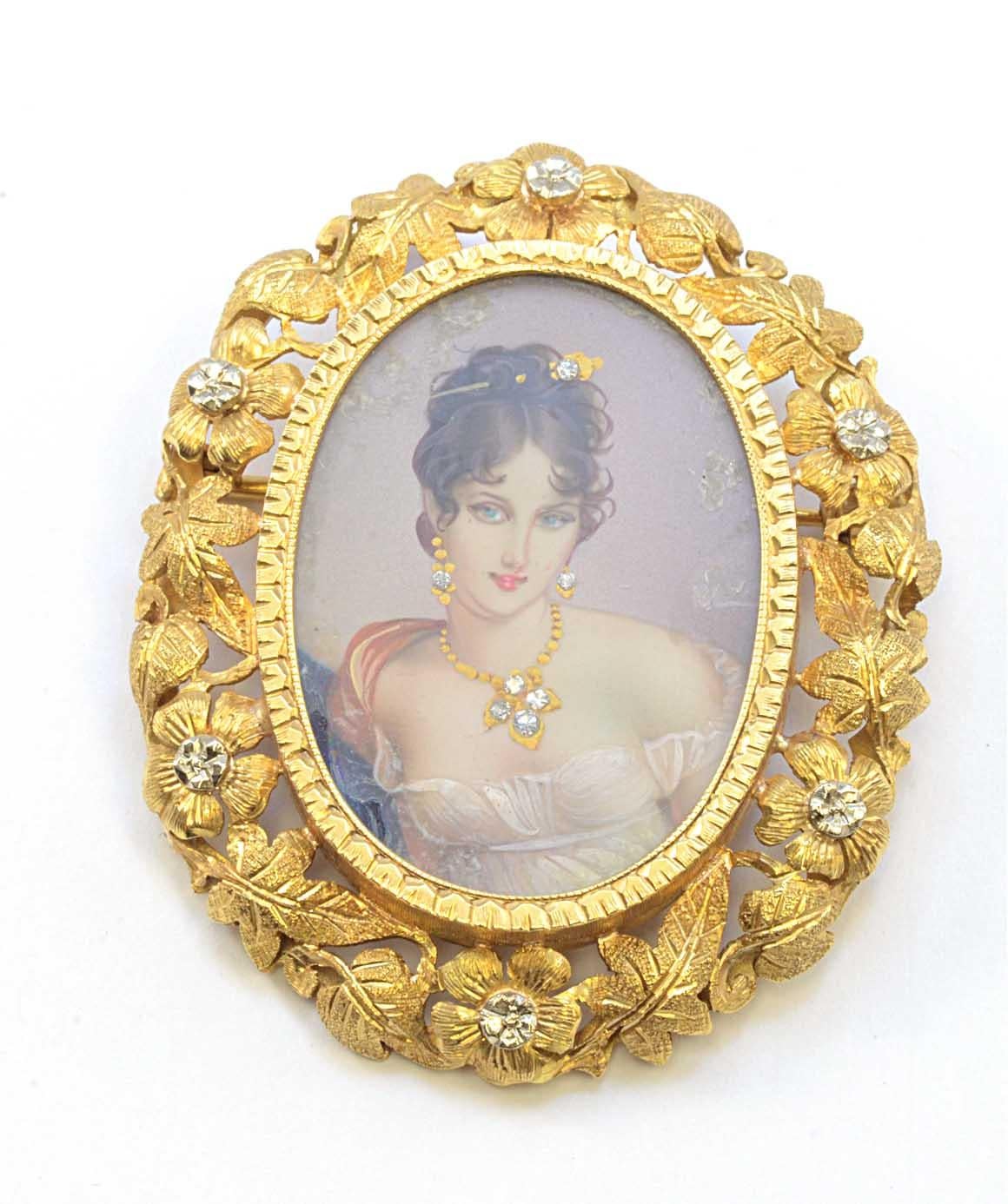 Solid 18 Karat Gold Hand-Painted Lady Portrait Brooch with Natural Diamonds 16g 1