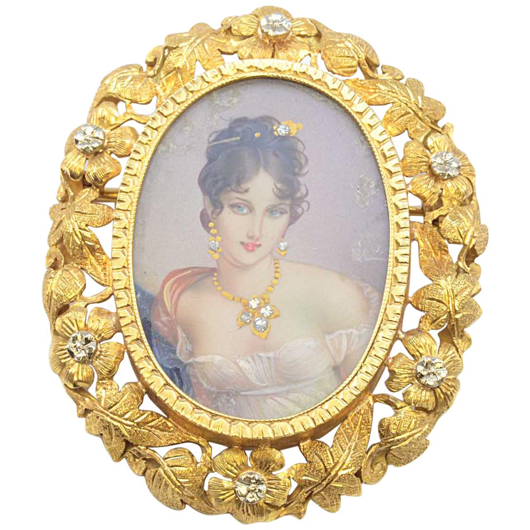 Solid 18 Karat Gold Hand-Painted Lady Portrait Brooch with Natural Diamonds 16g