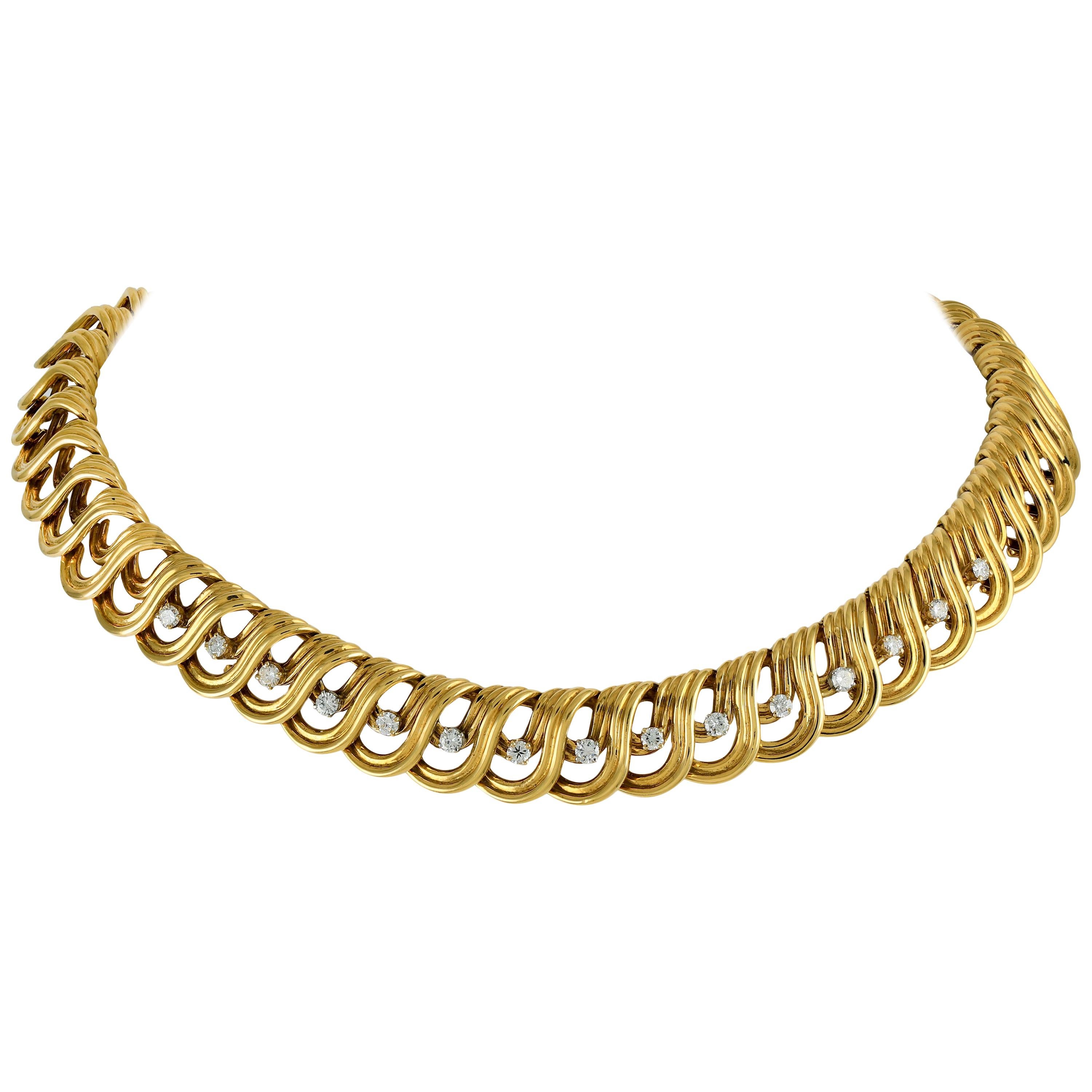 Solid 18 Karat Gold Link and 1.50 Carat Diamond Collar Necklace