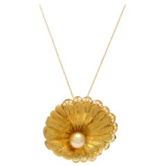 Solid 18 Karat Gold Oyster with Pearl and Genuine Diamond Necklace, 18.6 grams