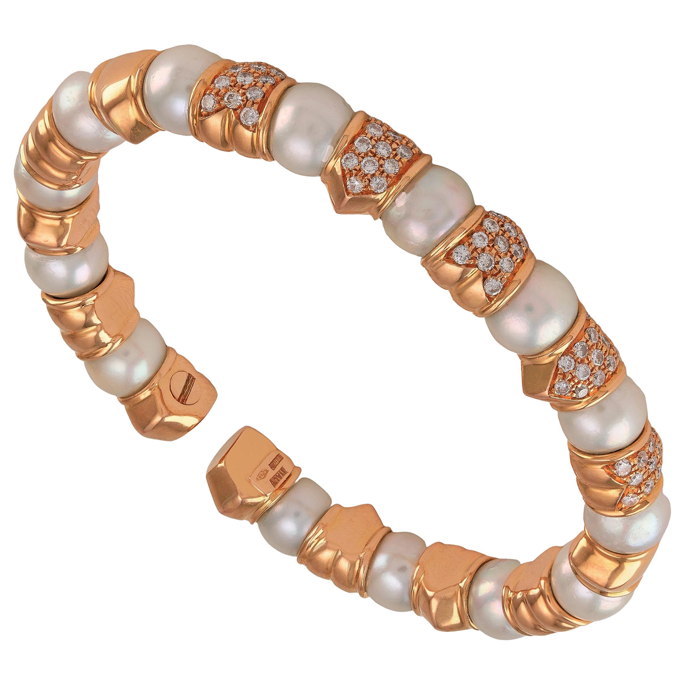 Solid 18 Karat Rose Gold Diamond Pearl Cuff Bracelet