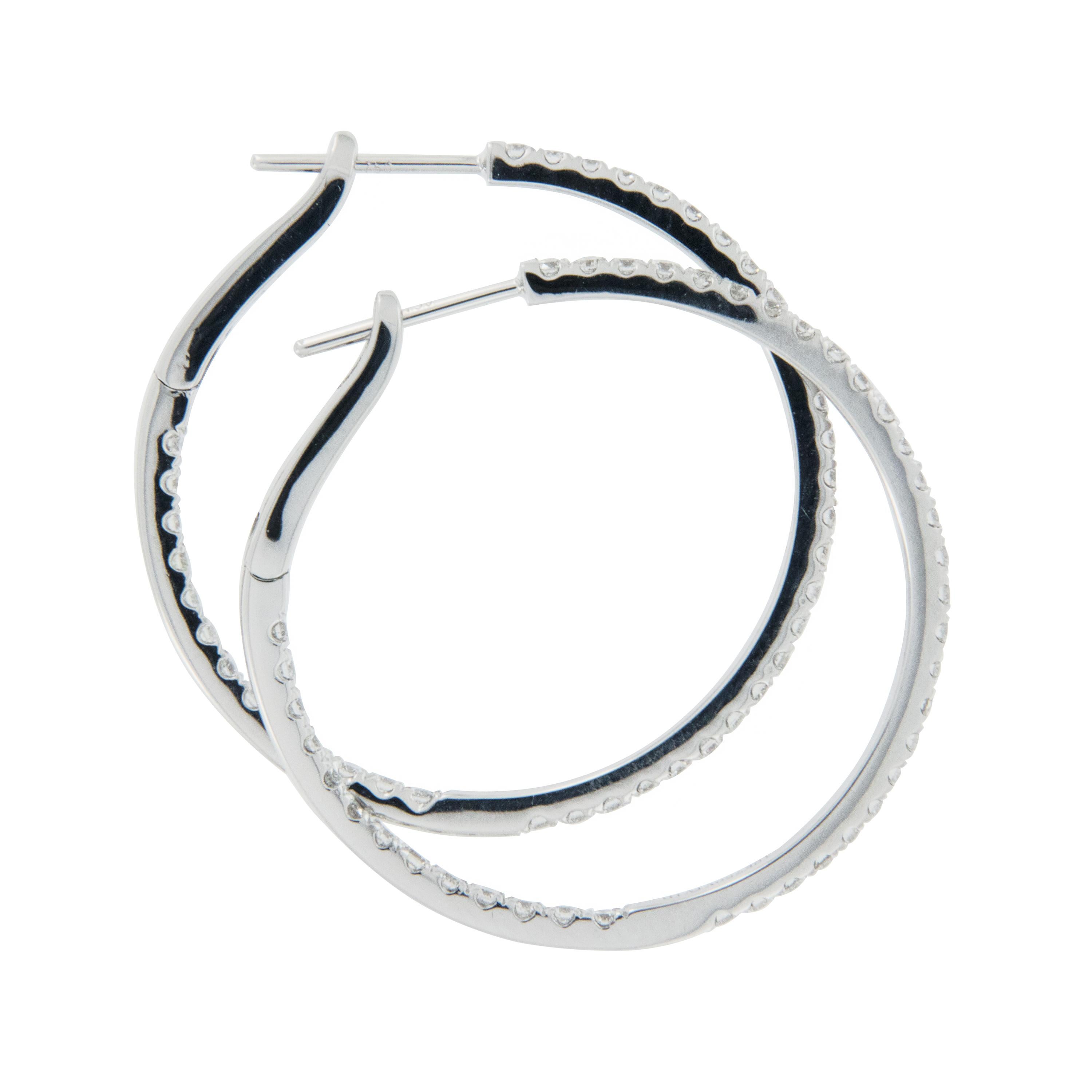 The solid construction of these hoops is what sets them apart from all others. With no hinge on the bottom there is no worry of misalignment or wearing out. Plus being made of fine 18 karat white gold with 1.02 Cttw of high quality diamonds