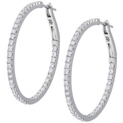 Solid 18 Karat White Gold 1.02 Carat Diamond Inside Outside Hoop Earrings